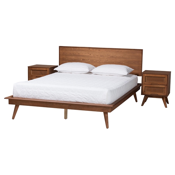 baxton studio Baxton Studio Melora Mid-Century Modern Walnut Brown Finished Wood and Rattan King Size 3-Piece Bedroom Set