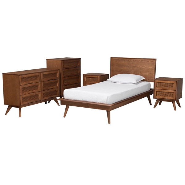 baxton studio Baxton Studio Melora Mid-Century Modern Walnut Brown Finished Wood and Rattan Twin Size 5-Piece Bedroom Set