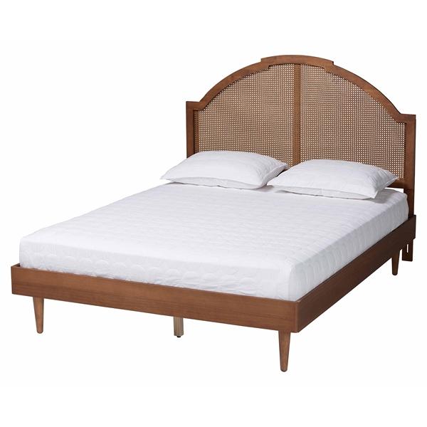 baxton studio Baxton Studio Mendel Mid-Century Walnut Brown Wood and Rattan King Size Platform Bed