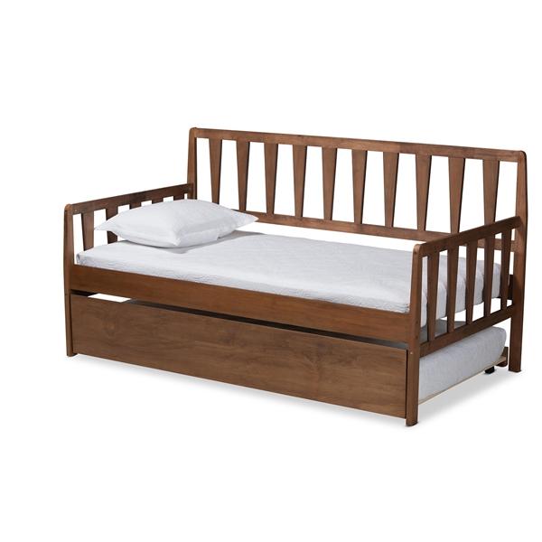 baxton studio Baxton Studio Midori Modern and Contemporary Transitional Walnut Brown Finished Wood Twin Size Daybed with Roll-Out Trundle Bed