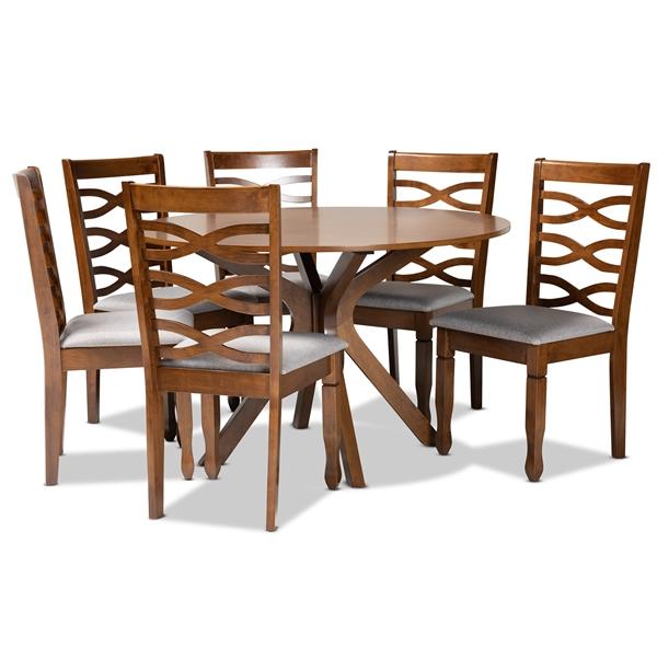 baxton studio Baxton Studio Mila Modern and Contemporary Grey Fabric Upholstered and Walnut Brown Finished Wood 7-Piece Dining Set