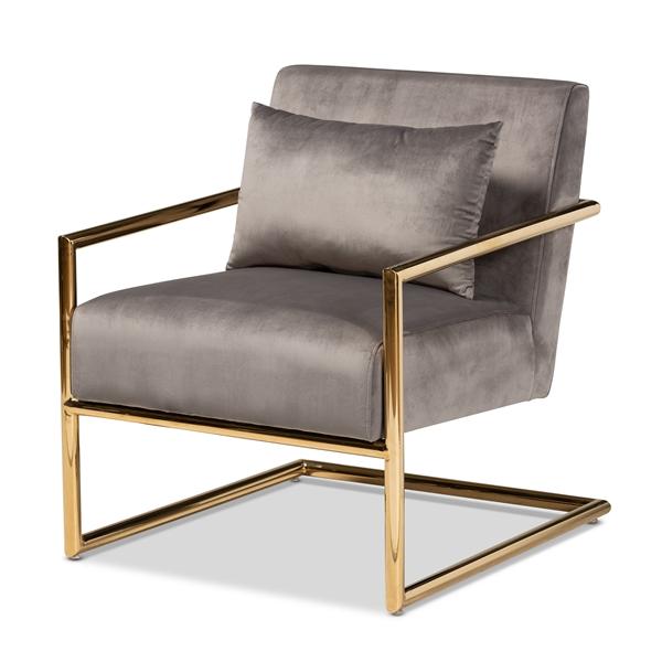 baxton studio Baxton Studio Mira Glam and Luxe Grey Velvet Fabric Upholstered Gold Finished Metal Lounge Chair