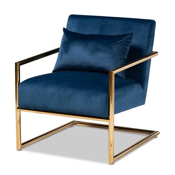 baxton studio Baxton Studio Mira Glam and Luxe Navy Blue Velvet Fabric Upholstered Gold Finished Metal Lounge Chair