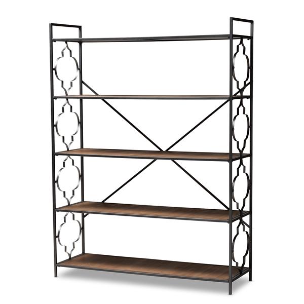 baxton studio Baxton Studio Mirna Industrial Black Iron Metal and Natural Oak Wood 5-Shelf Quatrefoil Accent Bookcase