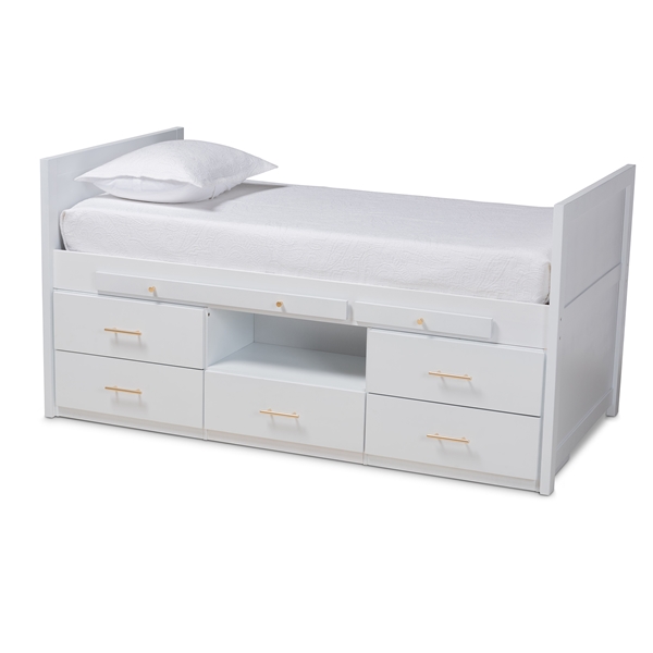 baxton studio Baxton Studio Mirza Modern and Contemporary White Finished Wood 5-Drawer Twin Size Storage Bed with Pull-Out Desk