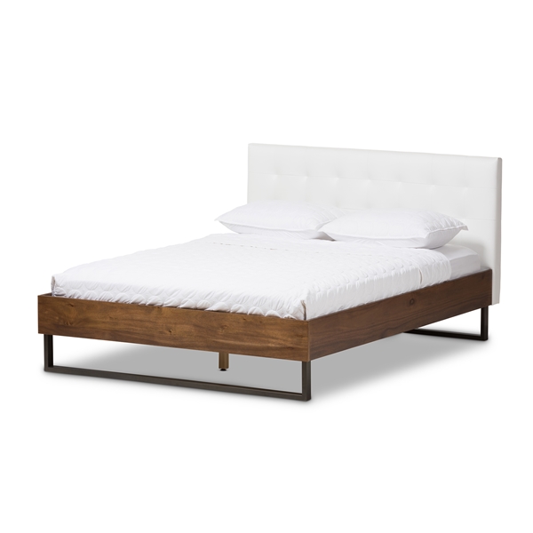 baxton studio Baxton Studio Mitchell Rustic Industrial Walnut Wood White Faux Leather Dark Bronze Metal Queen Size Platform Bed