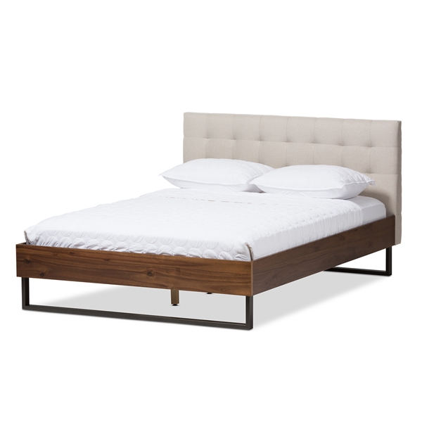 baxton studio Baxton Studio Mitchell Rustic Industrial Walnut Wood Beige Fabric Dark Bronze Metal Queen Size Platform Bed