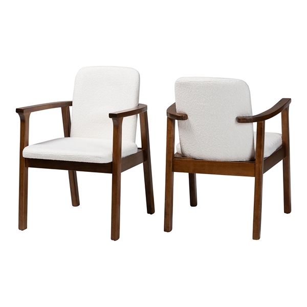 baxton studio Baxton Studio Miyagi Boucle Upholstered Dining Chair Set of 2- Mid-Century Modern Armchair with Solid Wood Frame and Rounded Backrest Walnut Brown and White