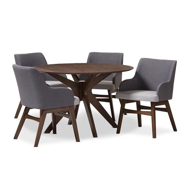 baxton studio Baxton Studio Monte Mid-Century Modern Walnut Wood Round 5-Piece Dining Set