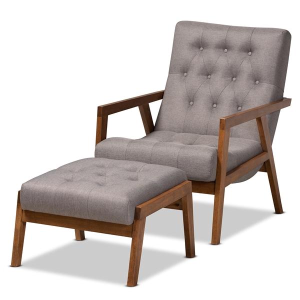 baxton studio Baxton Studio Naeva Mid-Century Modern Grey Fabric Upholstered Walnut Finished Wood 2-Piece Armchair and Footstool Set baxton studio Baxton Studio Naeva Mid-Century Modern Grey Fabric Upholstered Walnut Finished Wood 2-Piece Armchair and Footstool Set