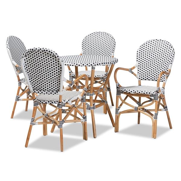 baxton studio Baxton Studio Naila Classic French Black and White Plastic and Natural Brown Rattan 5-Piece Indoor and Outdoor Bistro Set