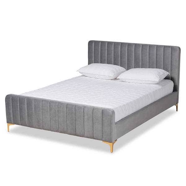 baxton studio Baxton Studio Nami Modern Contemporary Glam and Luxe Light Grey Velvet Fabric Upholstered and Gold Finished Queen Size Platform Bed