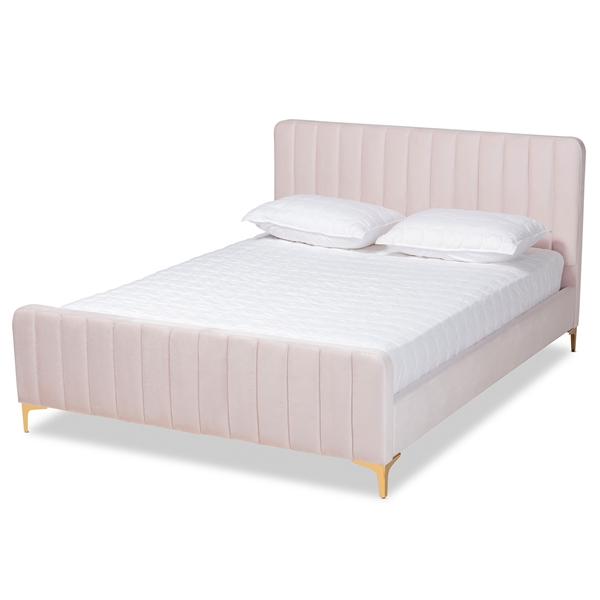 baxton studio Baxton Studio Nami Modern Contemporary Glam and Luxe Light Pink Velvet Fabric Upholstered and Gold Finished Queen Size Platform Bed