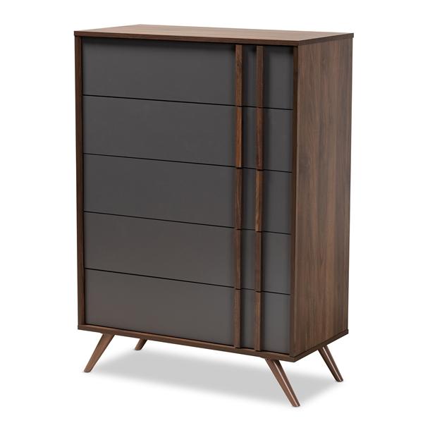 baxton studio Baxton Studio Naoki Modern and Contemporary Two-Tone Grey and Walnut Finished Wood 5-Drawer Bedroom Chest