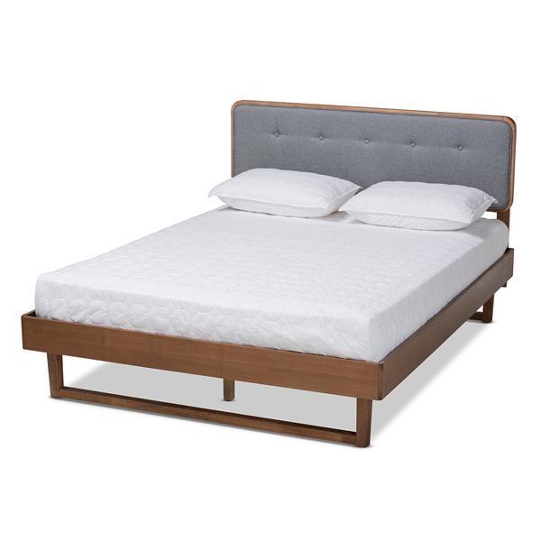 baxton studio Baxton Studio Natalia Mid-Century Modern Dark Grey Fabric Upholstered and Ash Walnut Finished Wood Queen Size Platform Bed