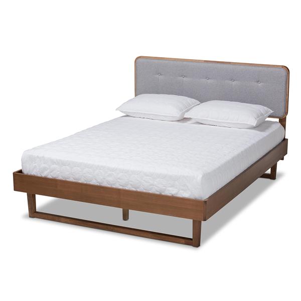 baxton studio Baxton Studio Natalia Mid-Century Modern Light Grey Fabric Upholstered and Ash Walnut Finished Wood Queen Size Platform Bed