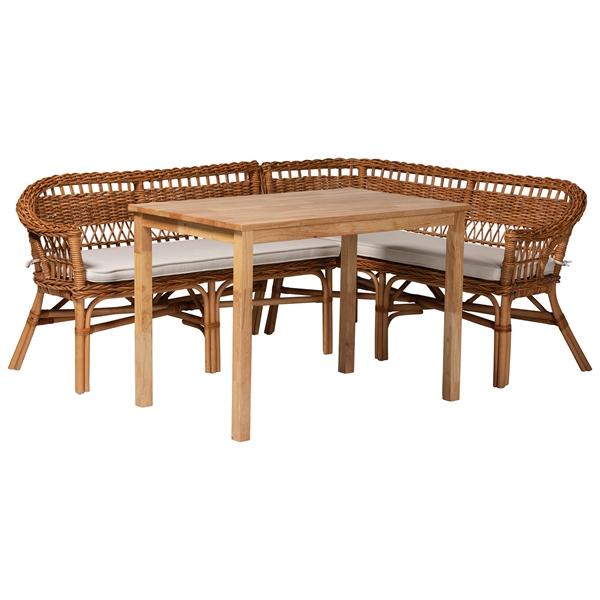 baxton studio Baxton Studio Nella Modern Bohemian Natural Brown Finished Wood and Rattan 3-Piece Dining Nook Set