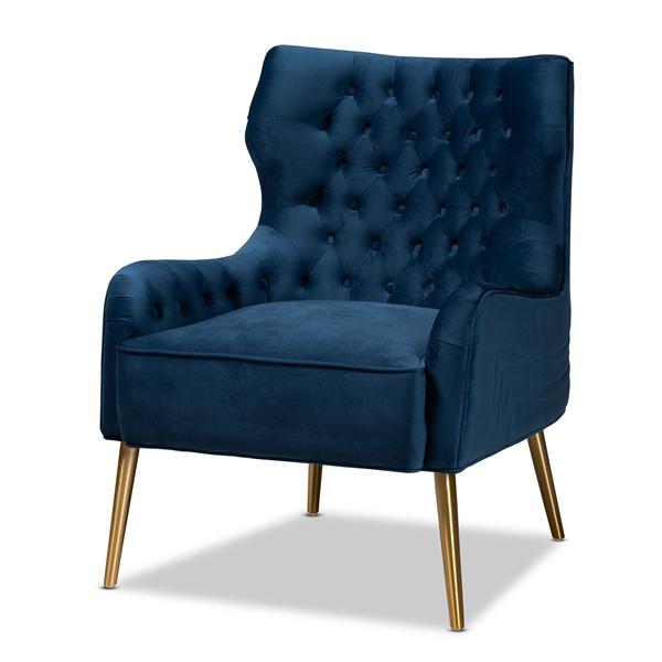 baxton studio Baxton Studio Nelson Modern Luxe and Glam Navy Blue Velvet Fabric Upholstered and Gold Finished Metal Armchair