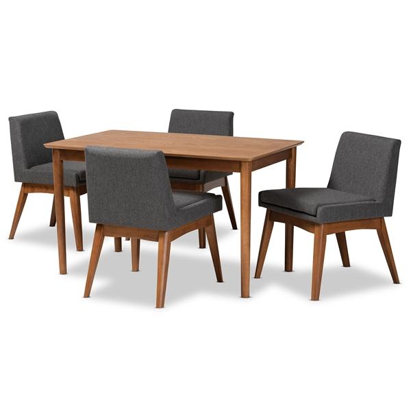 baxton studio Baxton Studio Nexus Mid-Century Modern Dark Grey Fabric Upholstered and Walnut Brown Finished Wood 5-Piece Dining Set