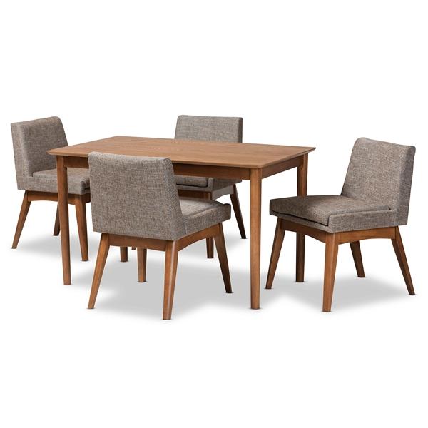 baxton studio Baxton Studio Nexus Mid-Century Modern Gravel Fabric Upholstered and Walnut Brown Finished Wood 5-Piece Dining Set