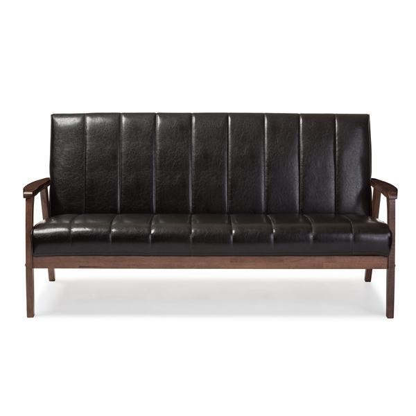 baxton studio Baxton Studio Nikko Mid-century Modern Scandinavian Style Dark Brown Faux Leather Wooden 3-Seater Sofa