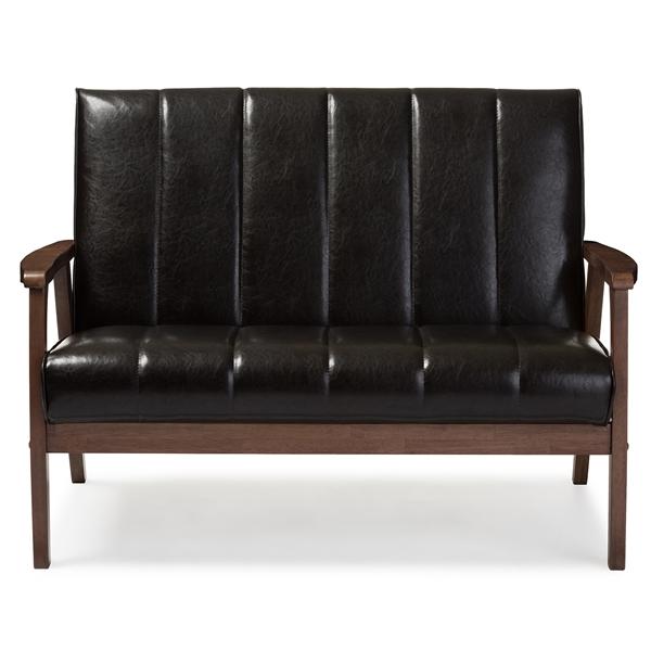 baxton studio Baxton Studio Nikko Mid-century Modern Scandinavian Style Dark Brown Faux Leather Wooden 2-Seater Loveseat