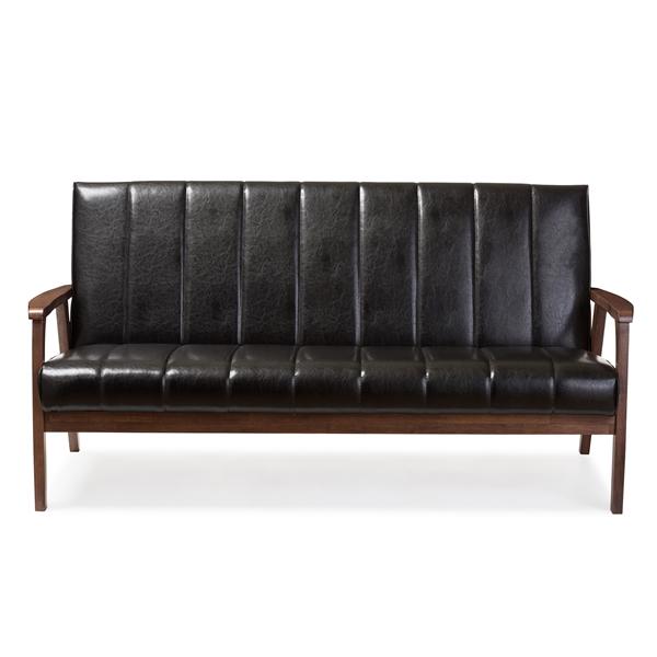 baxton studio Baxton Studio Nikko Mid-century Modern Scandinavian Style Black Faux Leather Wooden 3-Seater Sofa