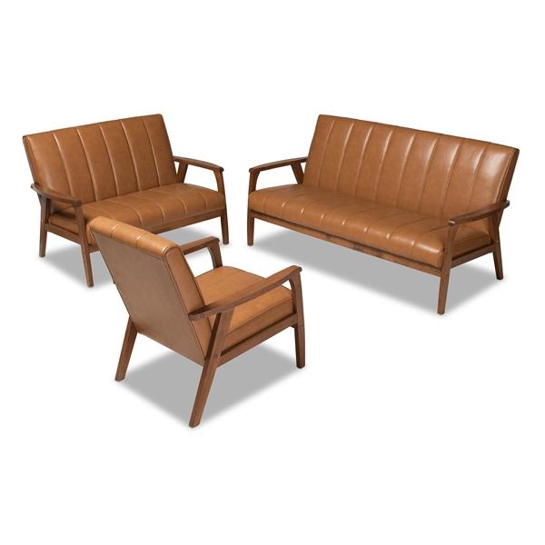 baxton studio Baxton Studio Nikko Mid-century Modern Tan Faux Leather Upholstered and Walnut Brown finished Wood 3-Piece Living Room Set