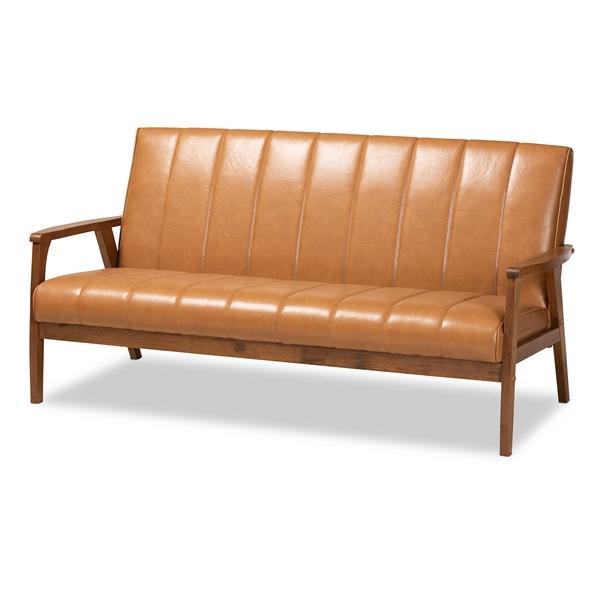 baxton studio Baxton Studio Nikko Mid-century Modern Tan Faux Leather Upholstered and Walnut Brown finished Wood Sofa