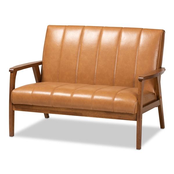 baxton studio Baxton Studio Nikko Mid-century Modern Tan Faux Leather Upholstered and Walnut Brown finished Wood Loveseat