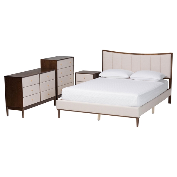 baxton studio Baxton Studio Nikolai Mid-Century Channel Tufted Beige Fabric and Wenge Brown Wood 4-Piece Queen Bedroom Set
