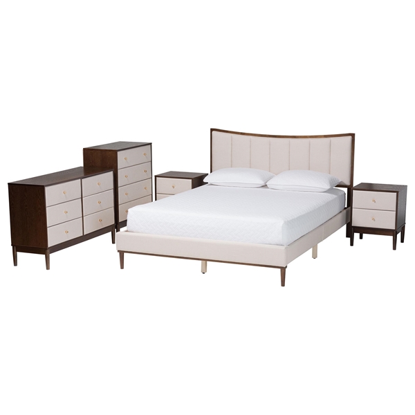 baxton studio Baxton Studio Nikolai Mid-Century Channel Tufted Beige Fabric and Wenge Brown Wood 5-Piece Queen Bedroom Set