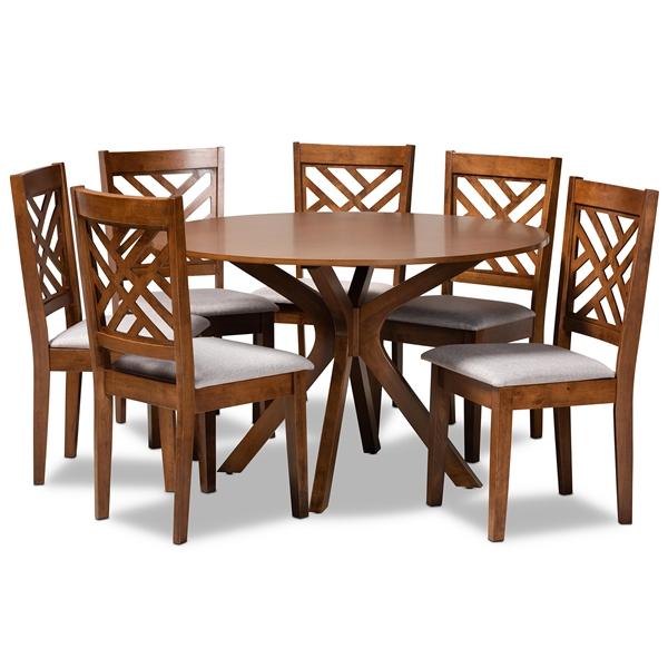 baxton studio Baxton Studio Norah Modern and Contemporary Grey Fabric Upholstered and Walnut Brown Finished Wood 7-Piece Dining Set