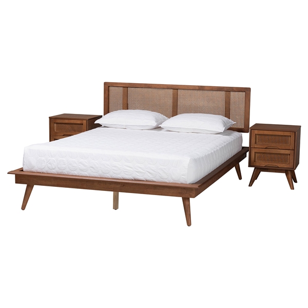 baxton studio Baxton Studio Nura Mid-Century Modern Walnut Brown Finished Wood and Rattan Queen Size 3-Piece Bedroom Set