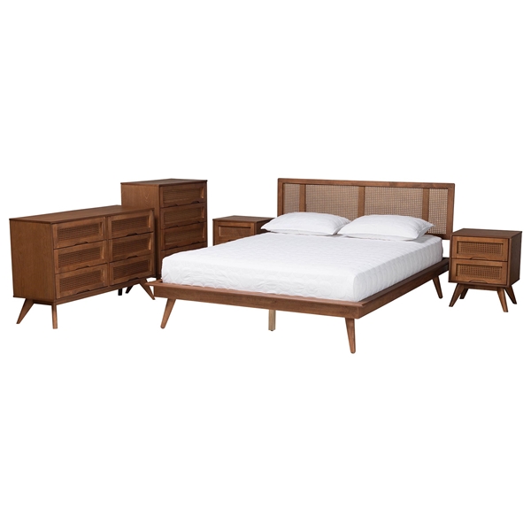baxton studio Baxton Studio Nura Mid-Century Modern Walnut Brown Finished Wood and Rattan King Size 5-Piece Bedroom Set
