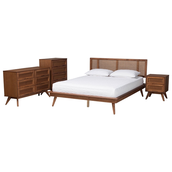 baxton studio Baxton Studio Nura Mid-Century Modern Walnut Brown Finished Wood and Rattan Full Size 4-Piece Bedroom Set