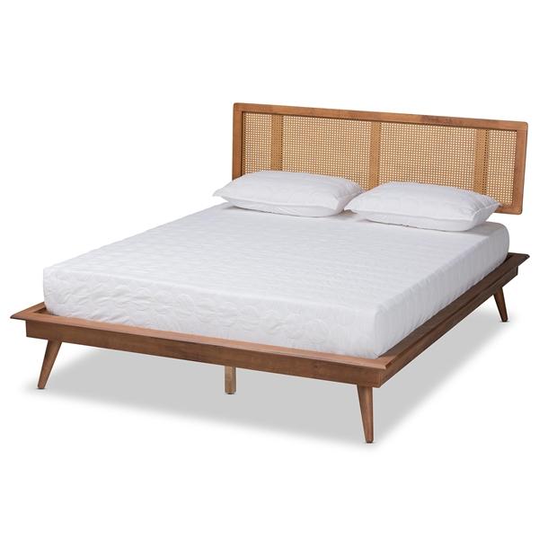 baxton studio Baxton Studio Nura Mid-Century Modern Walnut Brown Finished Wood and Synthetic Rattan Full Size Platform Bed