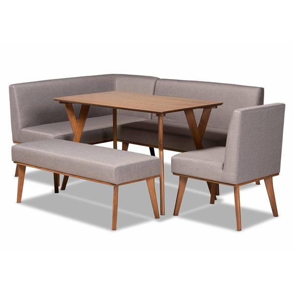 baxton studio Baxton Studio Odessa Mid-Century Modern Grey Fabric Upholstered and Walnut Brown Finished Wood 5-Piece Dining Nook Set