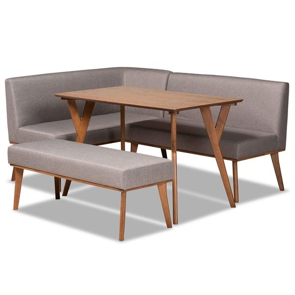baxton studio Baxton Studio Odessa Mid-Century Modern Grey Fabric Upholstered and Walnut Brown Finished Wood 4-Piece Dining Nook Set