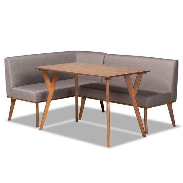 baxton studio Baxton Studio Odessa Mid-Century Modern Grey Fabric Upholstered and Walnut Brown Finished Wood 3-Piece Dining Nook Set