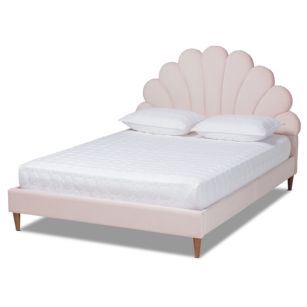 baxton studio Baxton Studio Odille Modern Glam Light Pink Velvet Upholstered Walnut Brown Finished Wood Queen Size Seashell Shaped Platform Bed