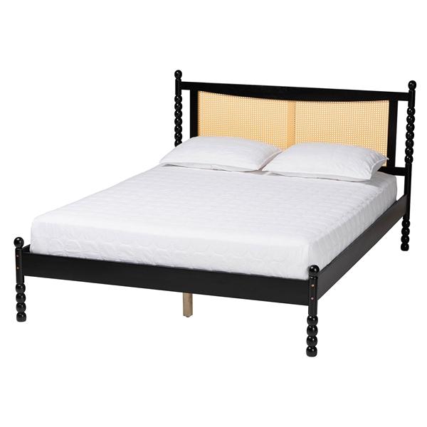 baxton studio Baxton Studio Okena Mid-Century Modern Black Wood Queen Size Platform Bed with Woven Rattan