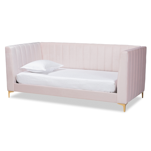 baxton studio Baxton Studio Oksana Modern Contemporary Glam and Luxe Light Pink Velvet Fabric Upholstered and Gold Finished Twin Size Daybed