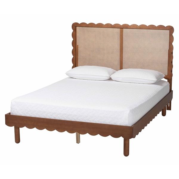 baxton studio Baxton Studio Orianthe Scalloped Platform Bed with Woven Rattan Headboard - Solid Wood Bed Frame with Curved Edge Design Modern Minimalist Bedroom Furniture Queen Size
