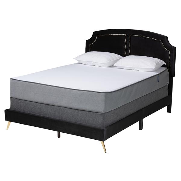baxton studio Baxton Studio Oxley Traditional Glam and Luxe Black Velvet and Gold Metal Queen Size Panel Bed