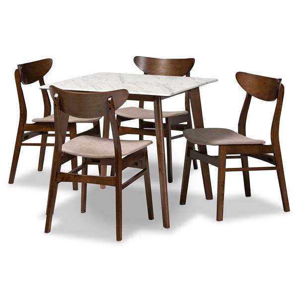 baxton studio Baxton Studio Paras Mid-Century Modern Transitional Light Beige Fabric Upholstered and Walnut Brown Finished Wood 5-Piece Dining Set with Faux Marble Dining Table