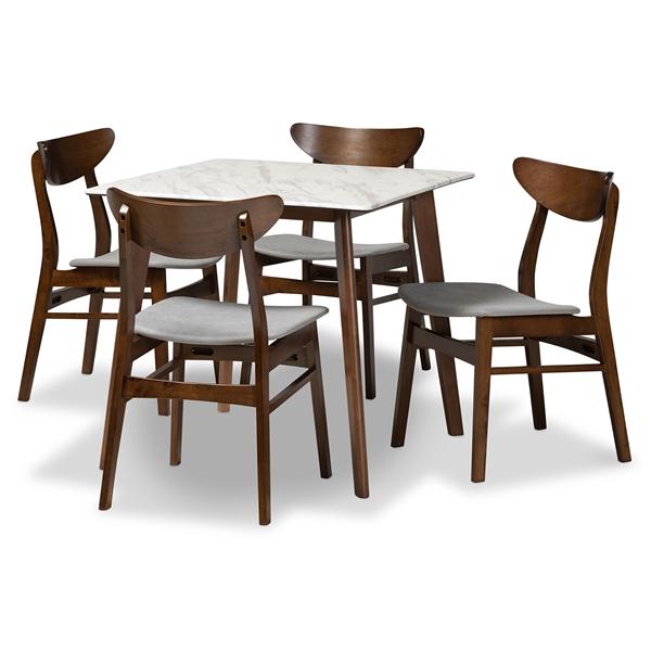 baxton studio Baxton Studio Paras Mid-Century Modern Transitional Light Grey Fabric Upholstered and Walnut Brown Finished Wood 5-Piece Dining Set with Faux Marble Dining Table