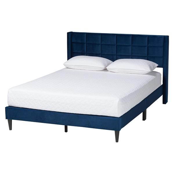 baxton studio Baxton Studio Payne Modern Glam Navy Blue Velvet and Dark Brown Wood Queen Bed