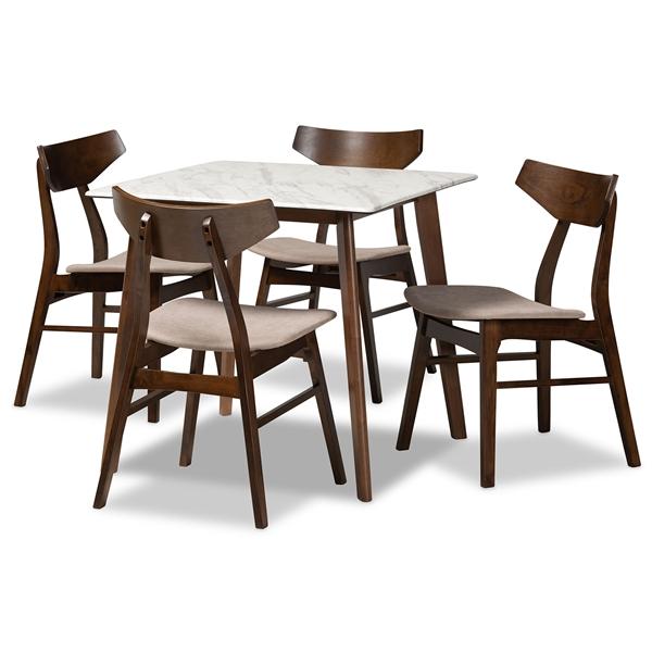 baxton studio Baxton Studio Pearson Mid-Century Modern Transitional Light Beige Fabric Upholstered and Walnut Brown Finished Wood 5-Piece Dining Set with Faux Marble Table