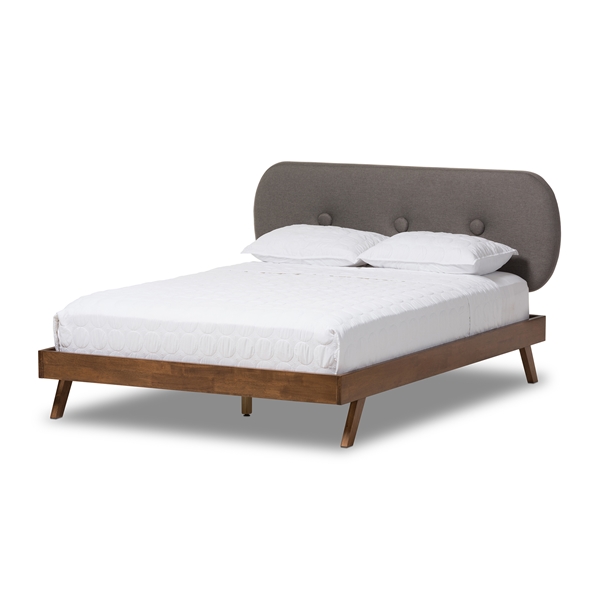 baxton studio Baxton Studio Penelope Mid-Century Modern Solid Walnut Wood Grey Fabric Upholstered King Size Platform Bed